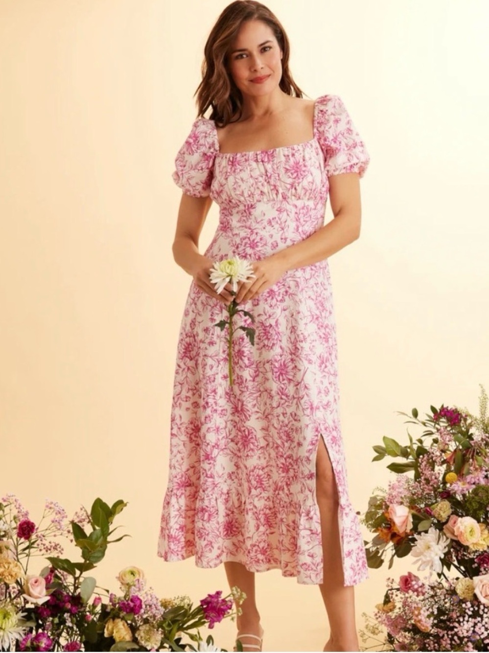 NEW…London Times Square Neck Pink Floral Puff-Sleeve Midi Dress